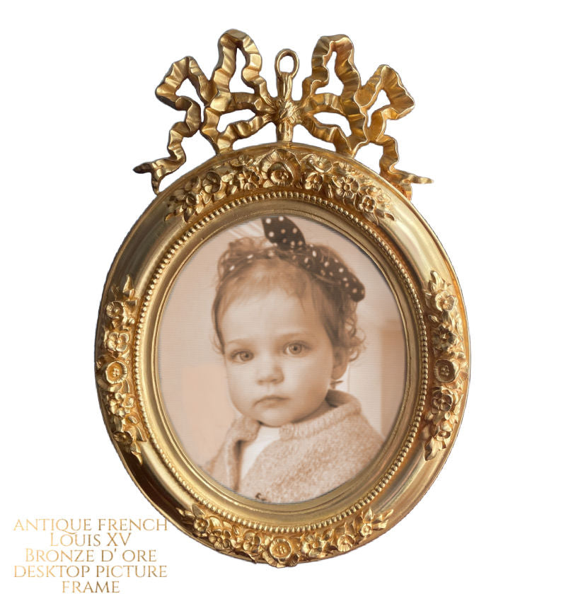 Antique French gilt photo frame with rare bow details Louis XV Dore bronze 