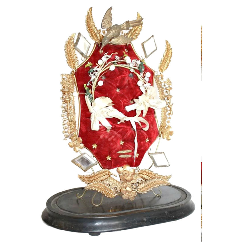 Antique French red velvet Bridal cushion with gilded crown