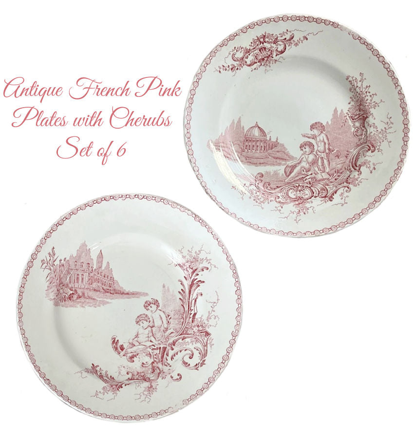 Antique French Pink Plates with Cherubs Set of 6