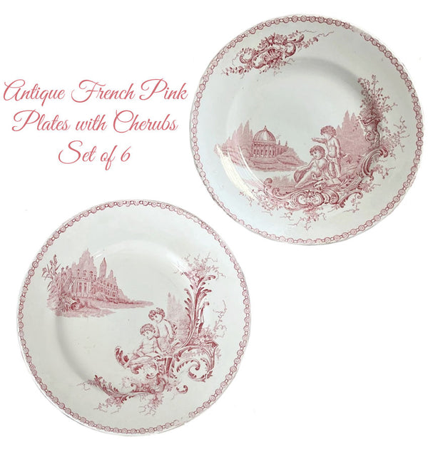 Antique French Pink Plates with Cherubs Set of 6 - frenchgardenhouse