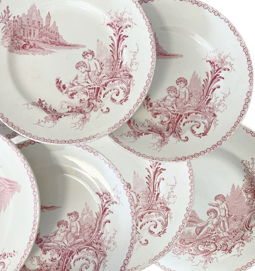 Antique French Pink Plates with Cherubs Set of 6