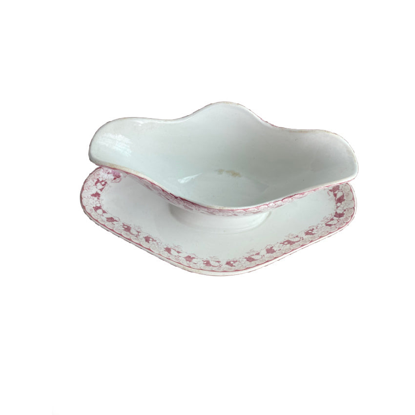 Antique French porcelain, St Amand pottery, French sauce boat, antique gravy boat, red leaf design, French tableware, Belle Époque porcelain, antique serving piece, French country decor, collectible porcelain