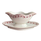 Antique French St. Amand porcelain sauce boat with red leaf design. Elegant Belle Époque tableware with timeless French charm.