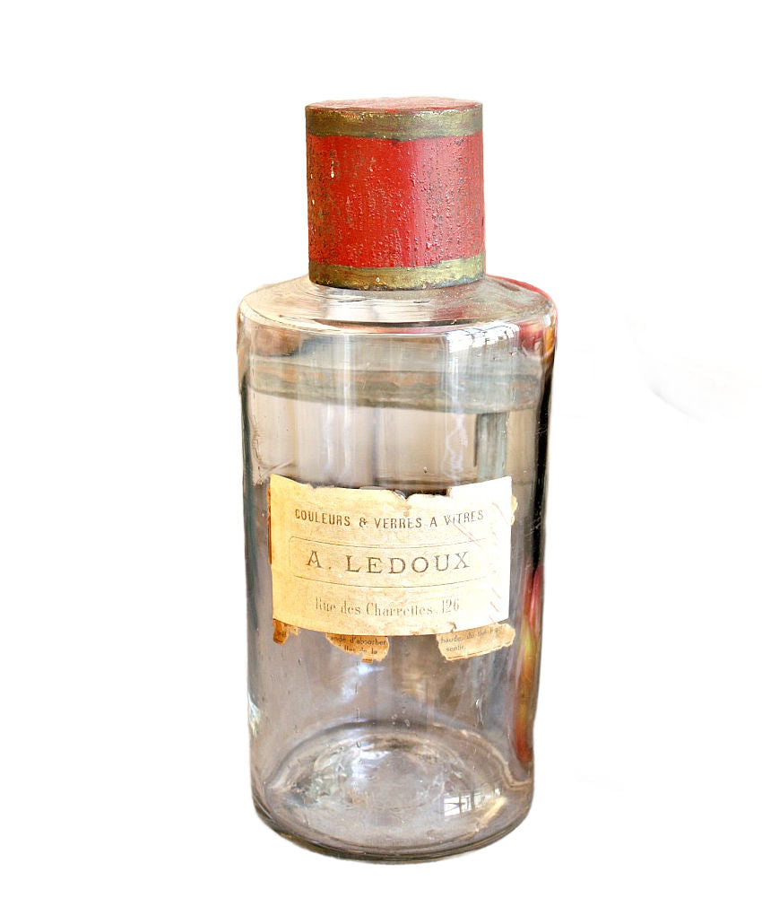 19th century French glass apothecary jar with red tole lid
