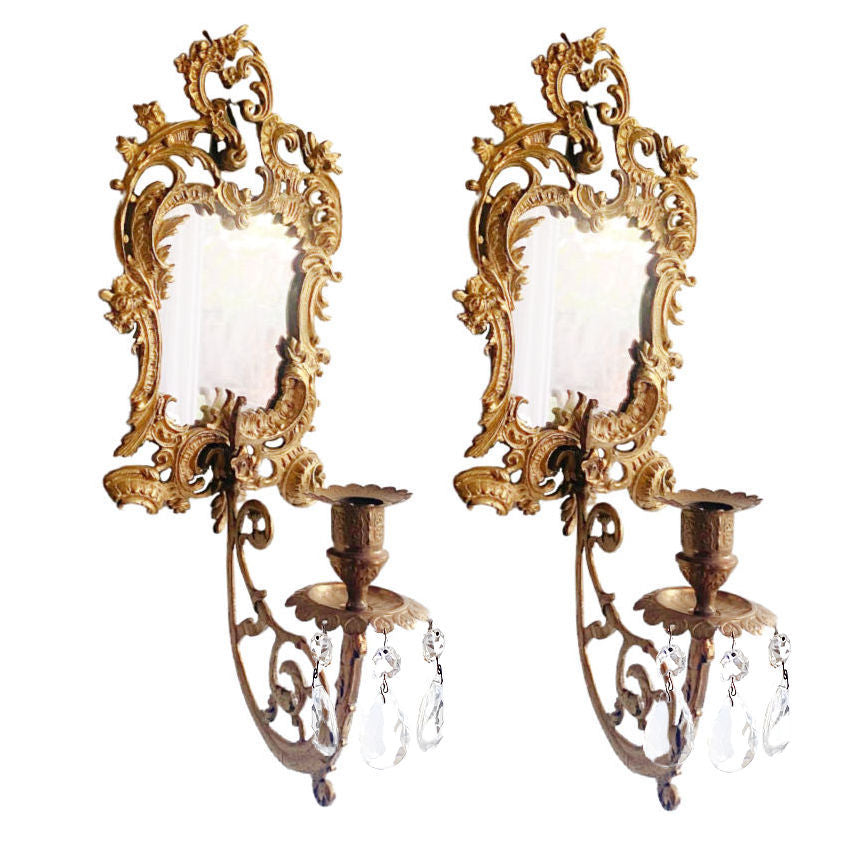 Antique French Rococo Mirrored Wall Candle Sconces