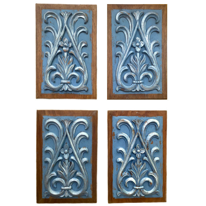 Set of 4 Antique Hand Carved Architectural Fragments in Silvered Blue