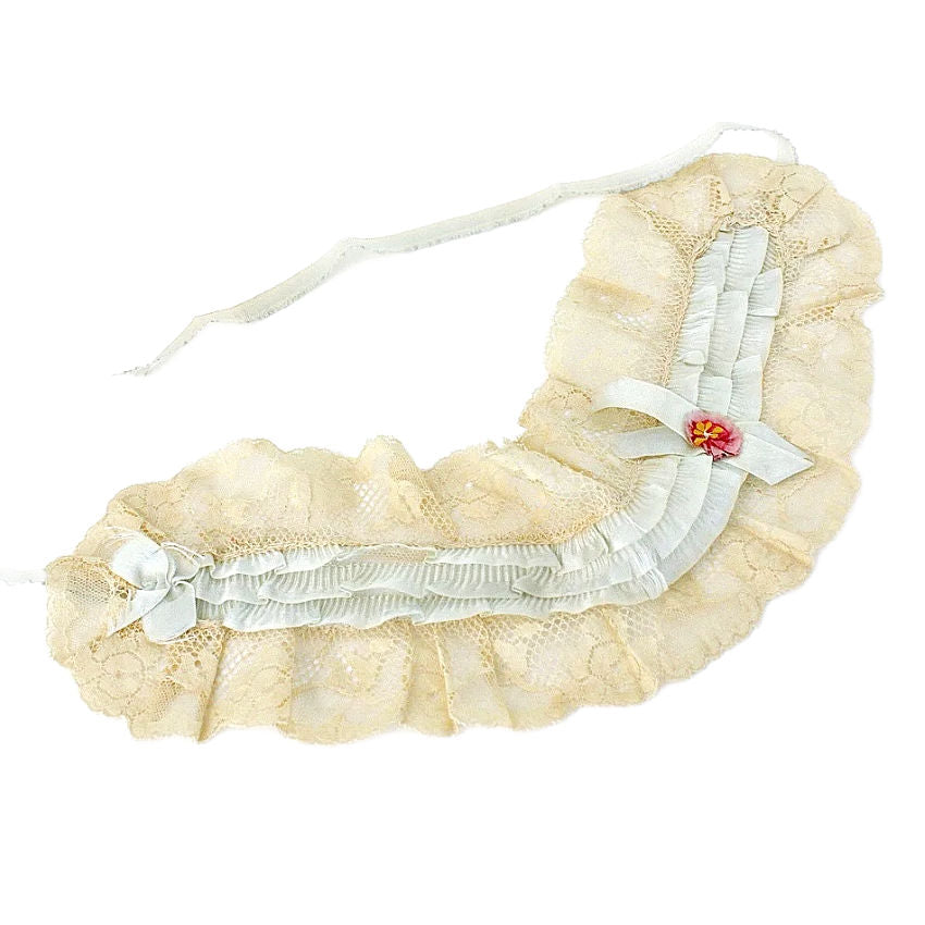 Exceptional antique French silk lace cap with robin’s egg blue ribbons, pink rosette, cream net lace. Rare early 1900s pre-flapper headpiece, delicate beauty