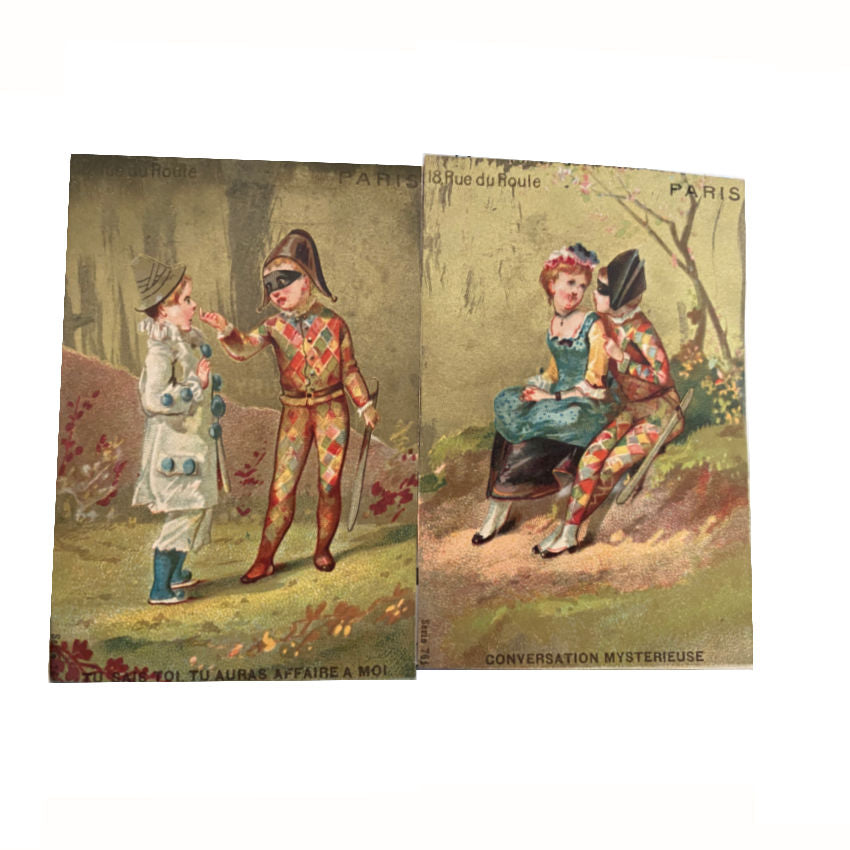 Antique French Gilded Trade Cards Harlequin Set of 4