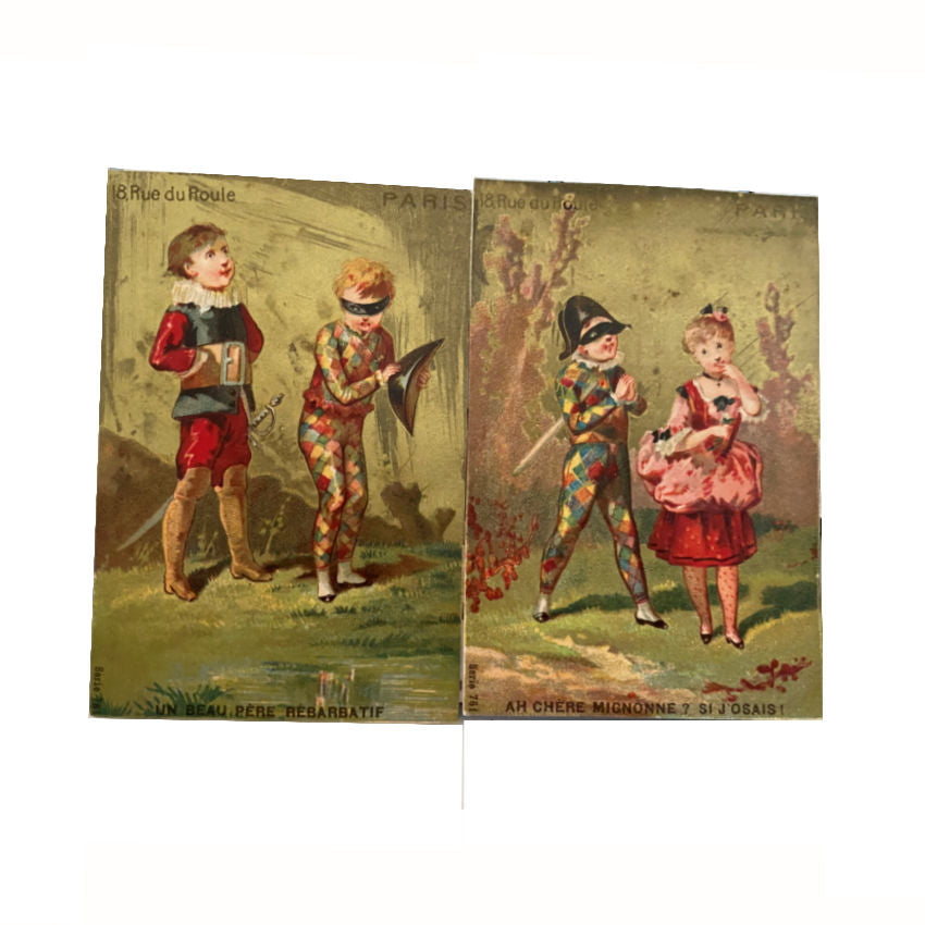 Antique French Gilded Trade Cards Harlequin Set of 4