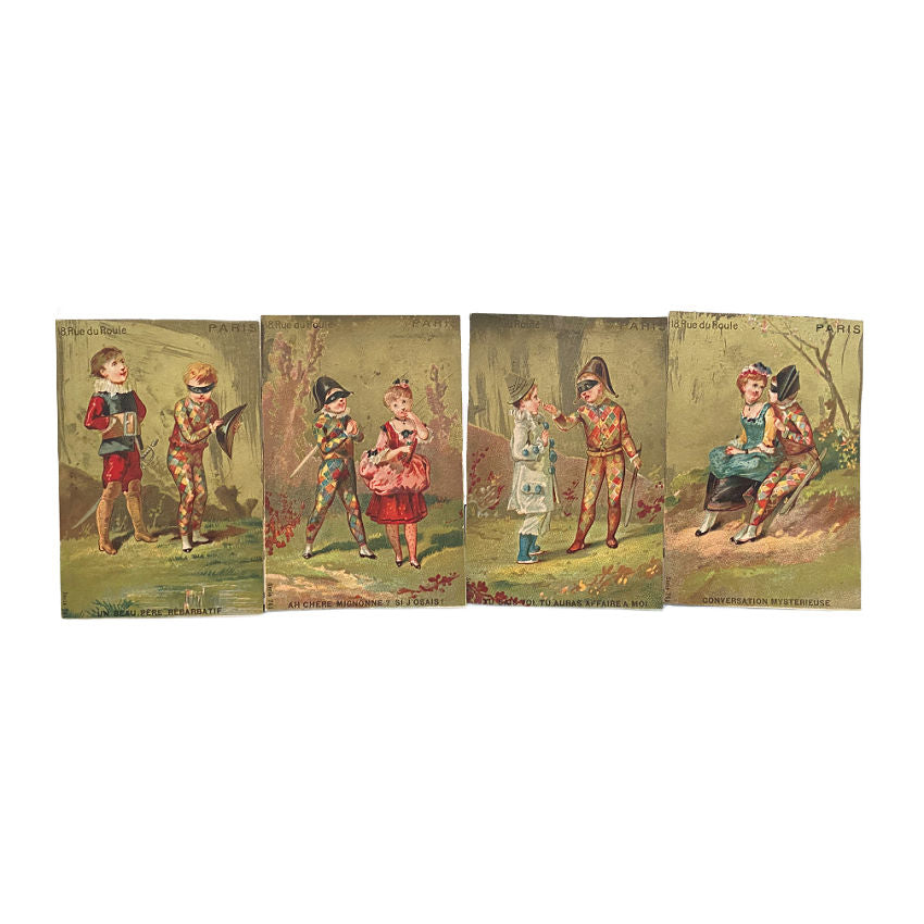 Antique French Gilded Trade Cards Harlequin Set of 4