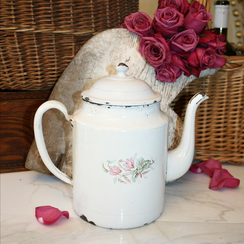 Antique French Enameled Floral Large Teapot