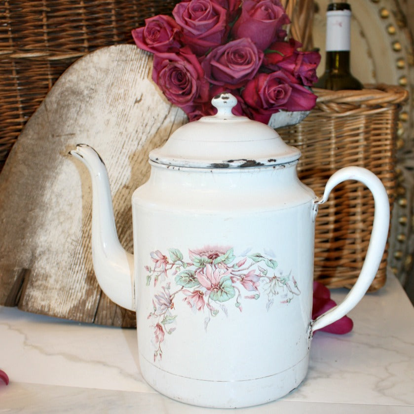 Antique French Enameled Floral Large Teapot