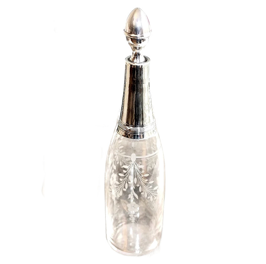 Antique French Tall Hand Etched Floral and Sterling Silver Perfume Bottle