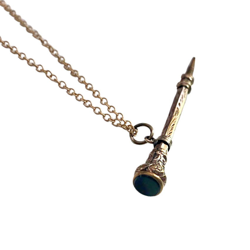 Antique Gold-Filled Chatelaine Pencil Necklace With Bloodstone