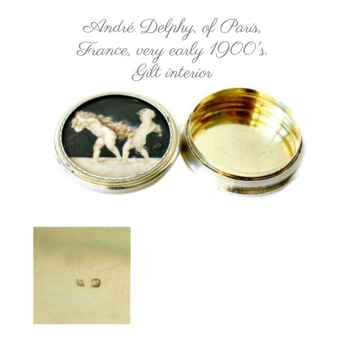 Antique French snuff box by Andre Delphi of Paris with gilt interior, rare