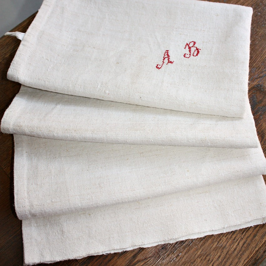 19th Century French Hand Woven Natural Linen Towel Monogram A B