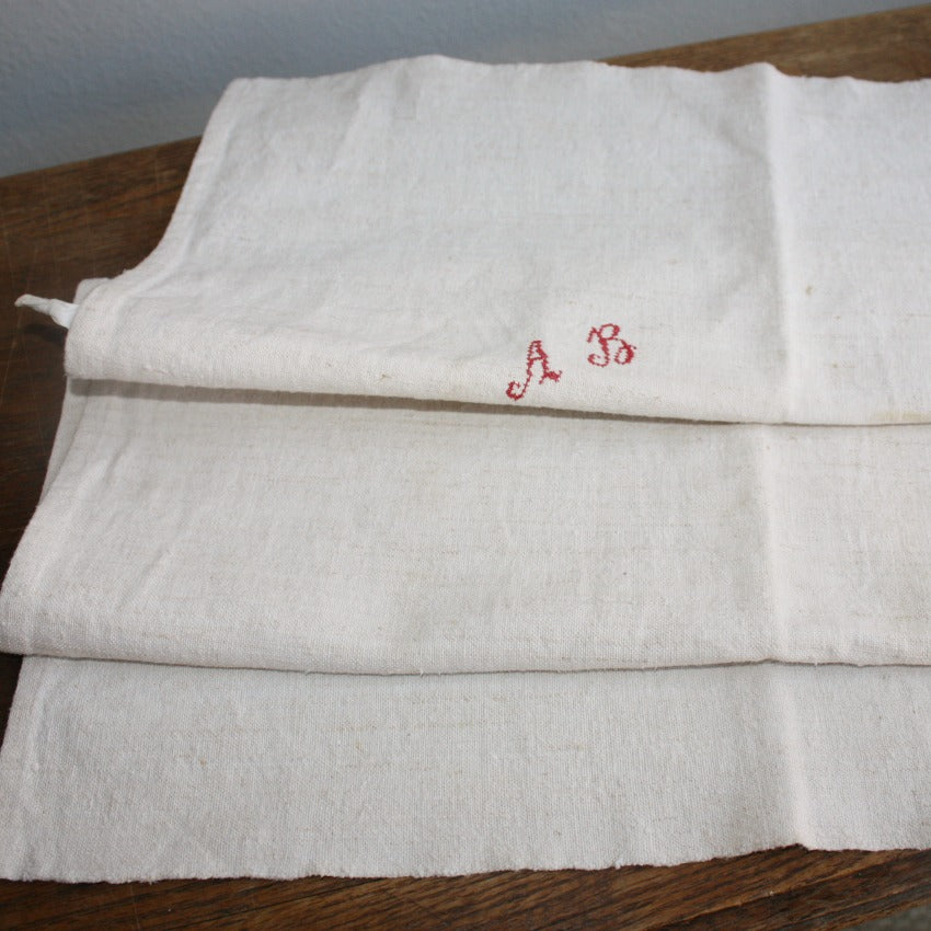 19th Century French Hand Woven Natural Linen Towel Monogram A B