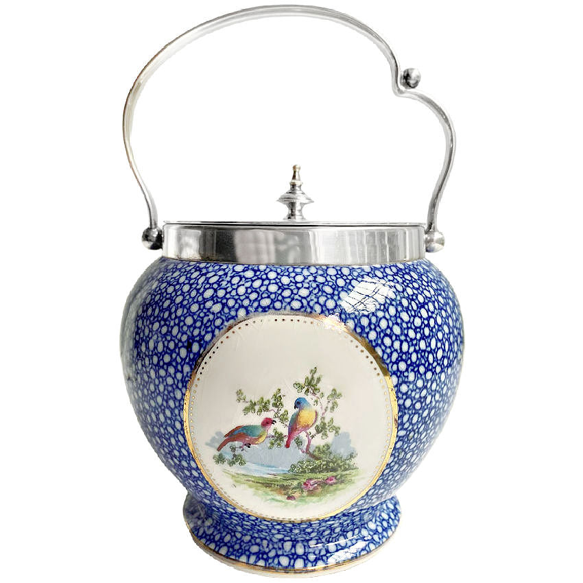 antique english blue and white biscuit barrel george jones silver lid