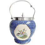 antique english blue and white biscuit barrel george jones silver lid