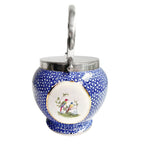 george jones crescent mark biscuit jar with colorful bird decoration