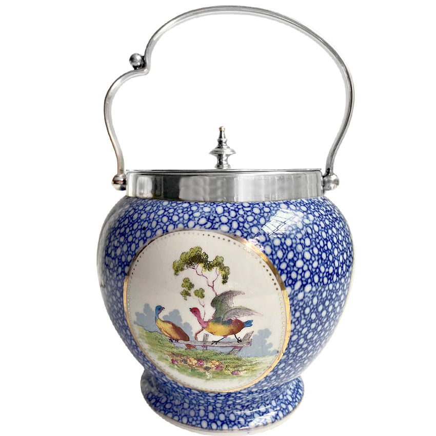 early 1900s staffordshire biscuit jar with bird scenes and plated handle