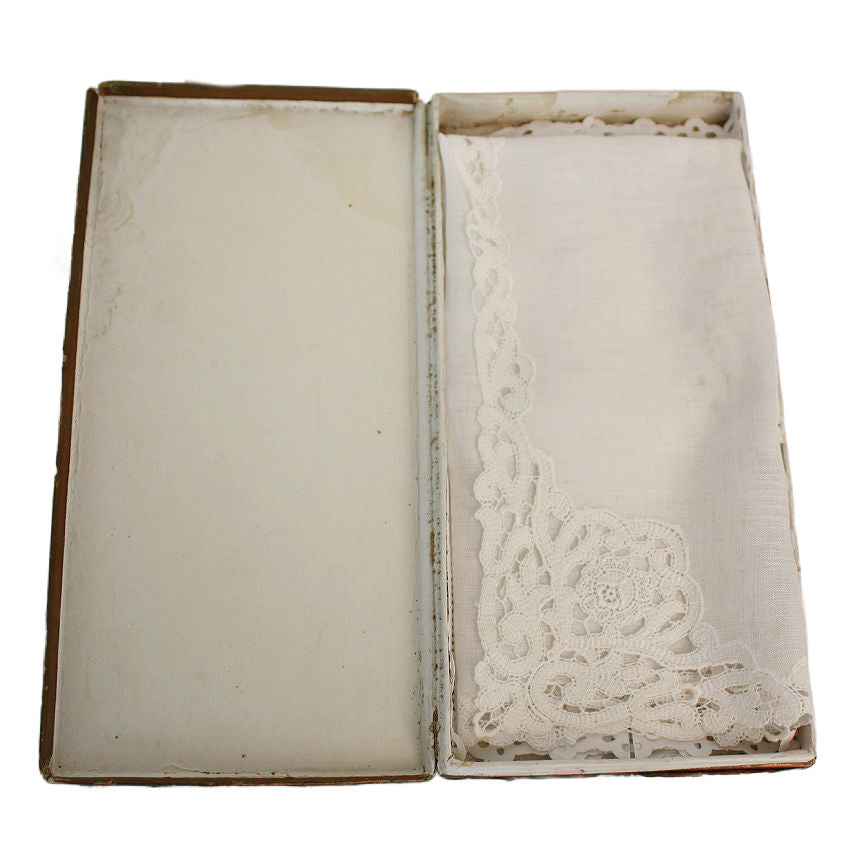 Antique lace linen handkerchief in box