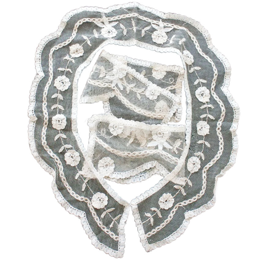 Antique hand made Princess lace collar and cuff set with floral patterns, primarily in gray and black colors.