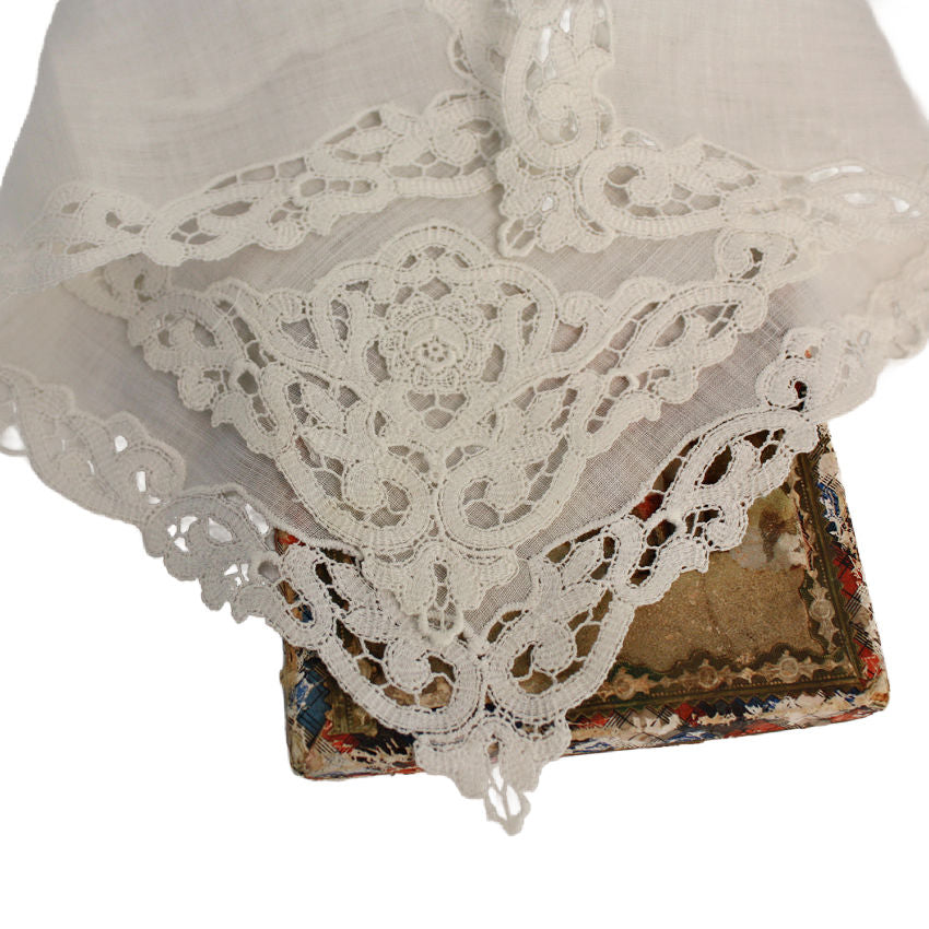 Antique Hand Made Lace Linen Handkerchief in Box