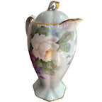 Antique Hand Painted French Porcelain Chocolate Pot with Pink Roses and Violets