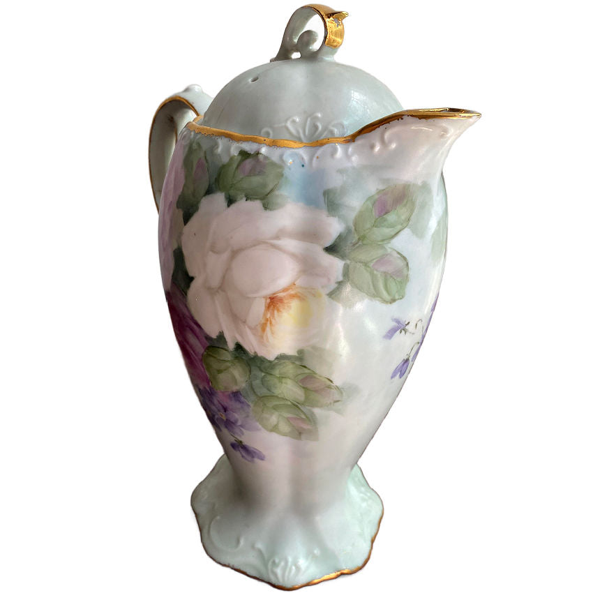 Antique Hand Painted French Porcelain Chocolate Pot with Pink Roses and Violets