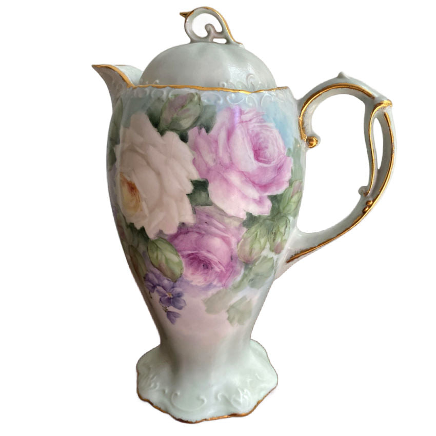 Antique Hand Painted French Porcelain Chocolate Pot with Pink Roses and Violets