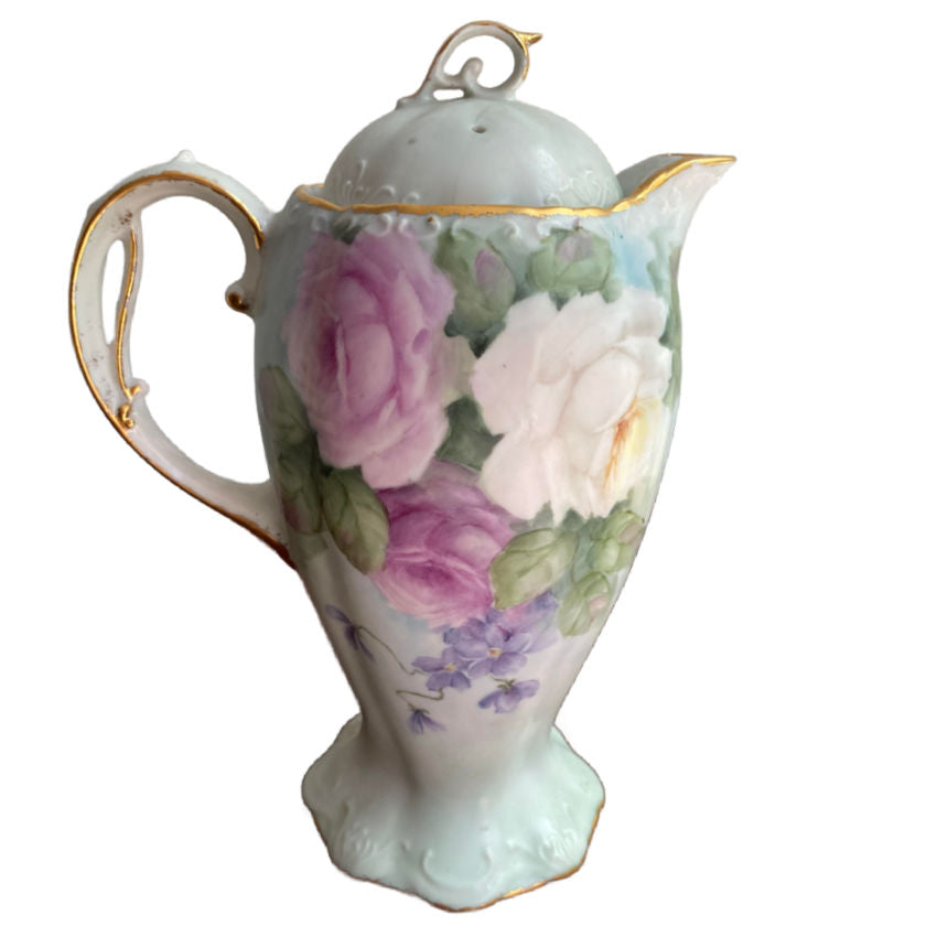 Antique Hand Painted French Porcelain Chocolate Pot with Pink Roses and Violets