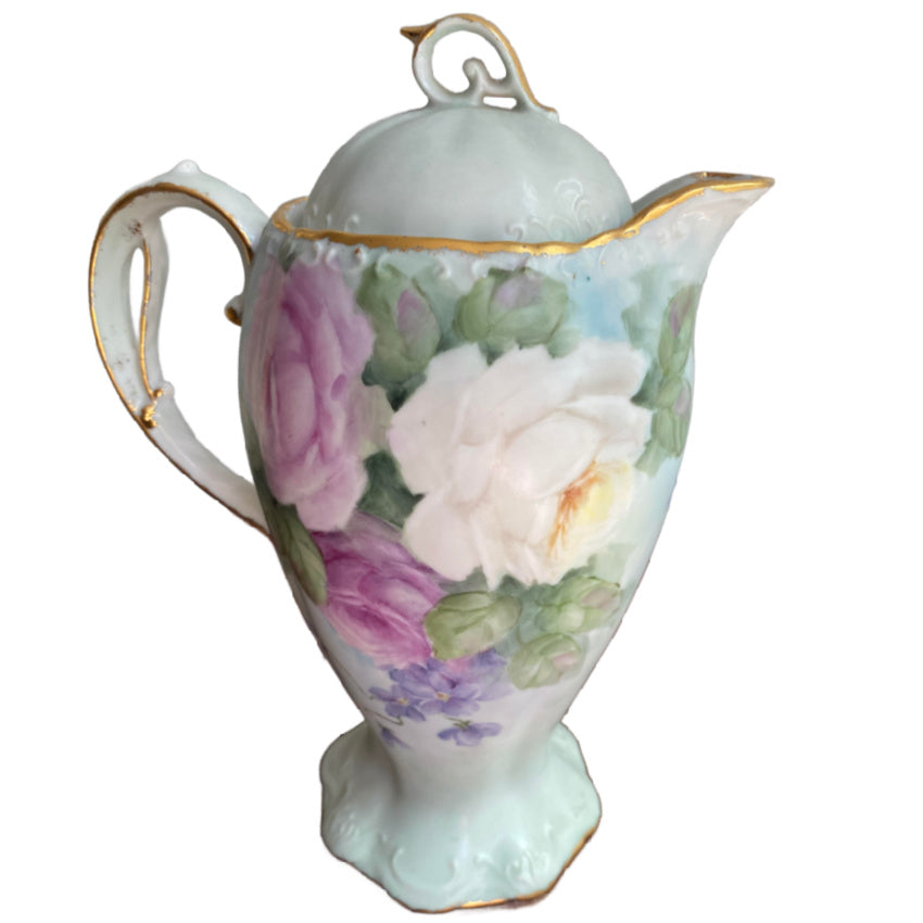 Antique Hand Painted French Porcelain Chocolate Pot with Pink Roses and Violets