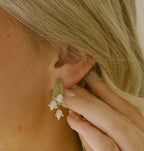Antique-inspired bronze Lily of the Valley earrings with hand-cast white flowers and freshwater pearls on sterling posts