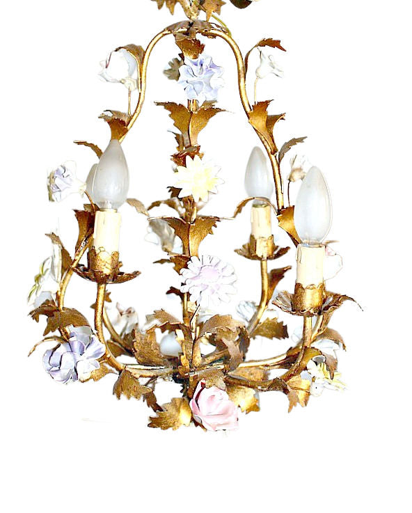 antique gold tole chandelier with porcelain roses