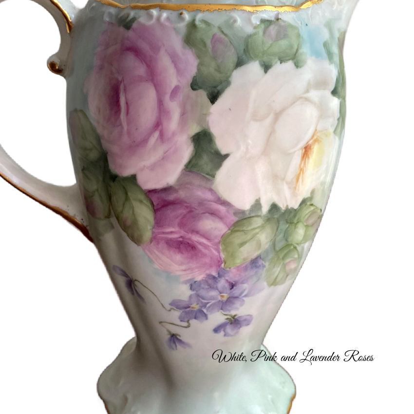 Antique Hand Painted French Porcelain Chocolate Pot with Pink Roses and Violets