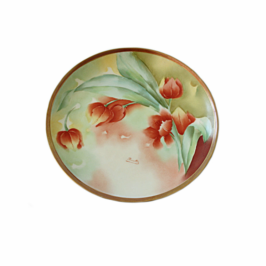 Antique French Limoges Signed Hand Painted Cabinet Plate with Tulips