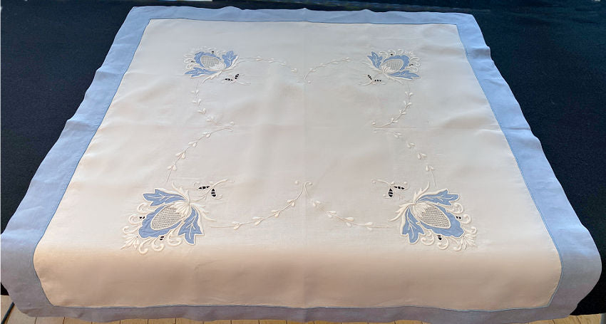 Antique Linen Blue and White Table Cloth Tea Topper