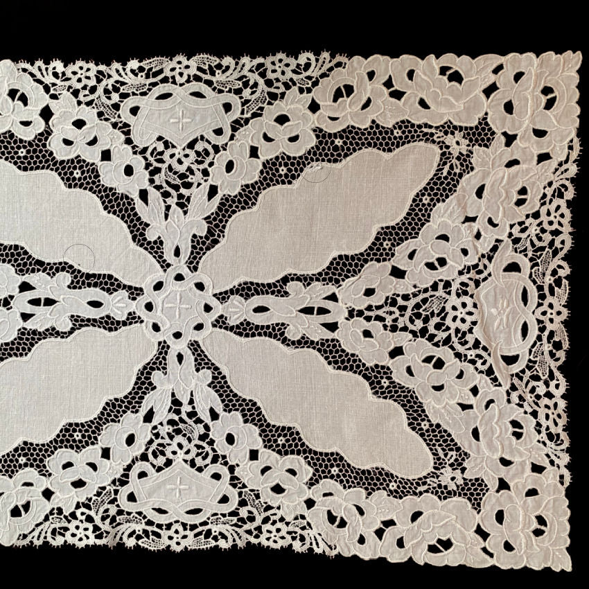 Antique cream lace linen textile with delicate hand embroidery