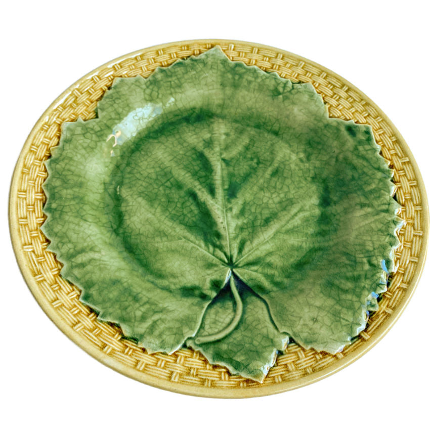 Antique Majolica Plate Vine Leaf On Basketweave