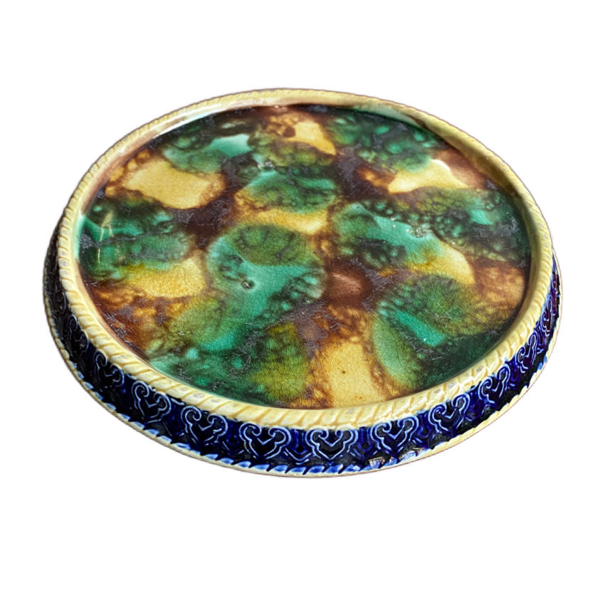 Antique Majolica Round Footed Trivet Plate