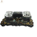 Napoleon III papier mâché inkwell stand with hand-painted florals, mother of pearl inlay, open glass inkwells, and original pen, circa 1870.