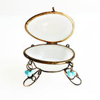 Antique French Palais Royal opaline glass egg box with subtle blue accents, Napoleon III, 19th century, gilt bronze stand, Grand Tour collectible.