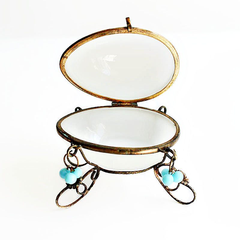 Antique French Palais Royal opaline glass egg box with subtle blue accents, Napoleon III, 19th century, gilt bronze stand, Grand Tour collectible.
