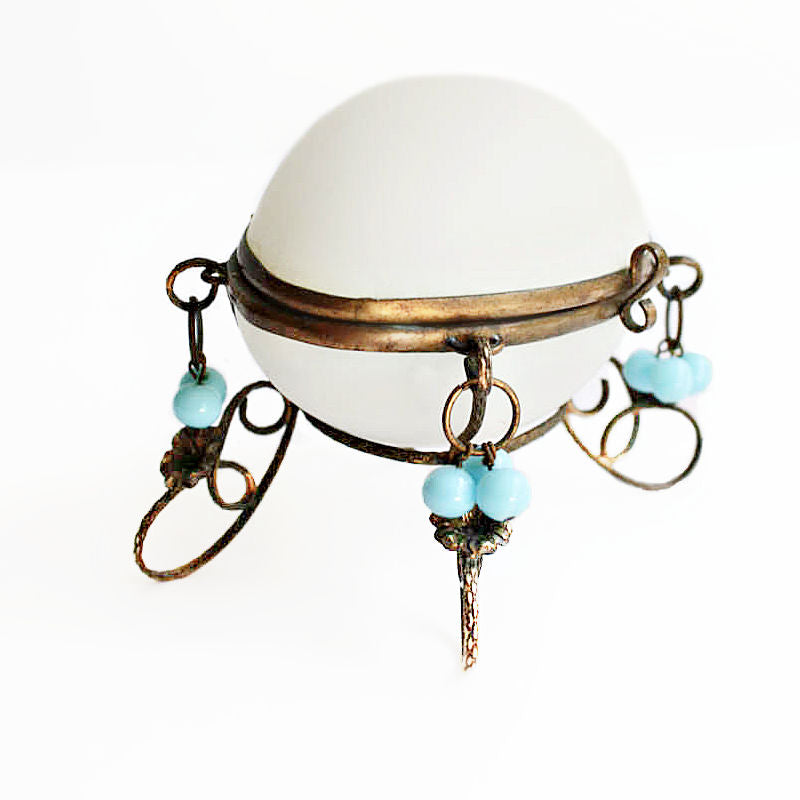 Antique French Palais Royal opaline glass egg box with subtle blue accents, Napoleon III, 19th century, gilt bronze stand, Grand Tour collectible.