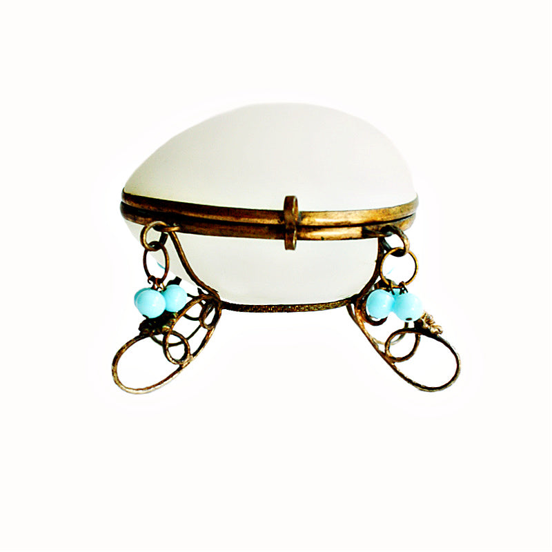 Antique French Palais Royal opaline glass egg box with subtle blue accents, Napoleon III, 19th century, gilt bronze stand, Grand Tour collectible.
