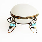 Antique French Palais Royal opaline glass egg box with subtle blue accents, Napoleon III, 19th century, gilt bronze stand, Grand Tour collectible.