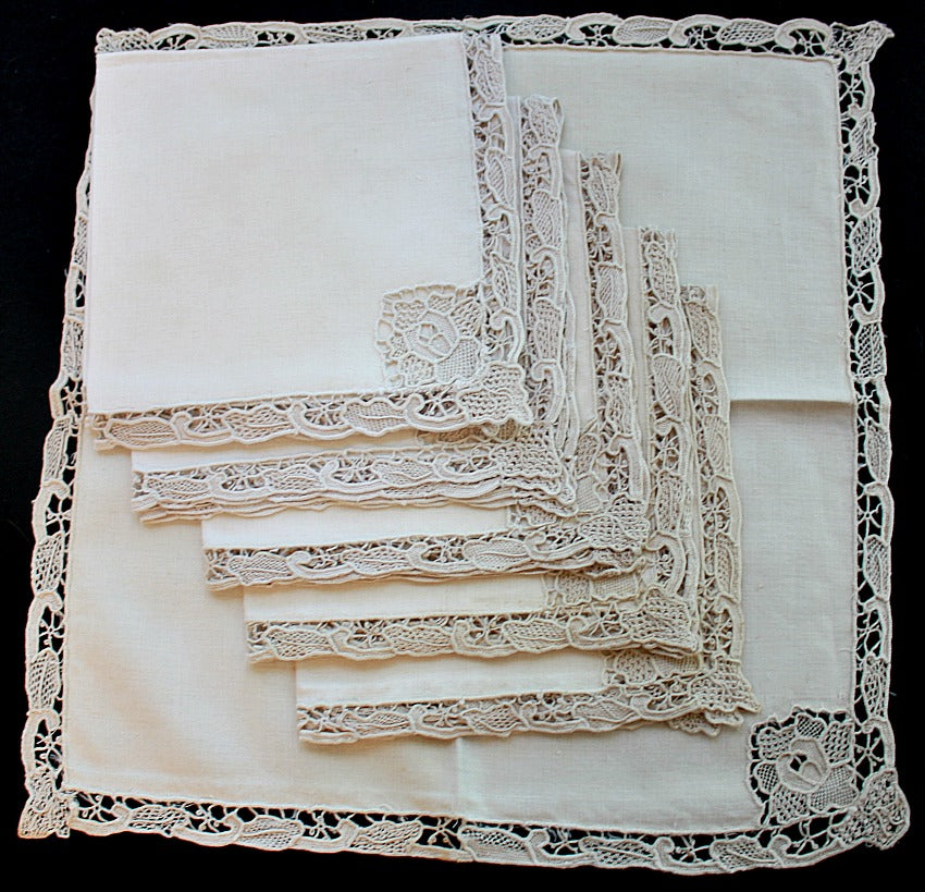 6  Antique Estate Heirloom Lace And Linen Cafe Lait Cream Napkins