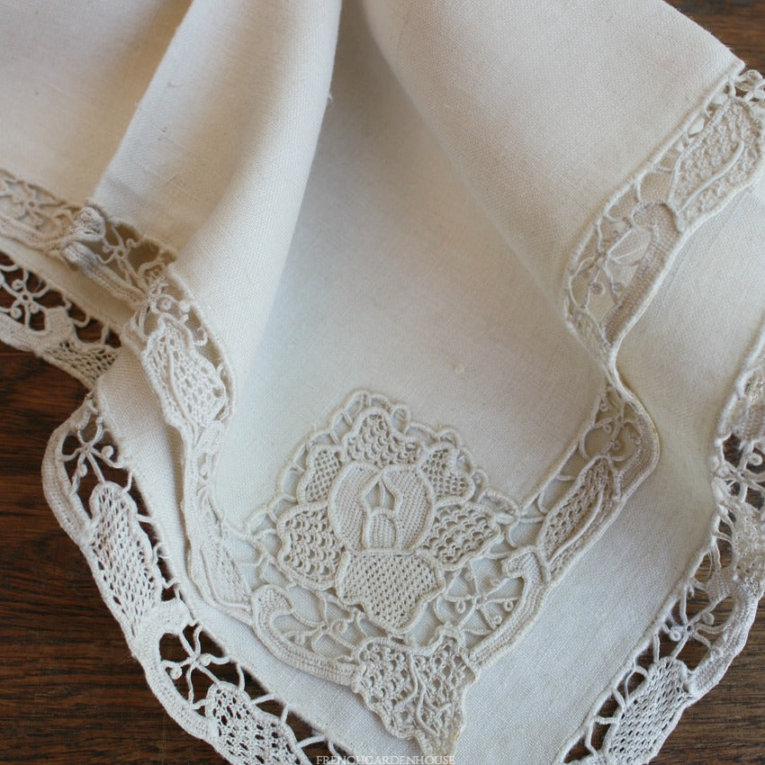 6  Antique Estate Heirloom Lace And Linen Cafe Lait Cream Napkins