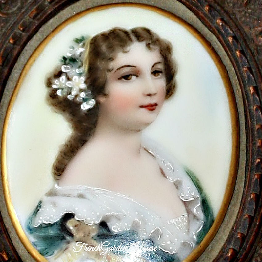 19th Century Hand Painted Porcelain Miniature Portrait in Wood Frame